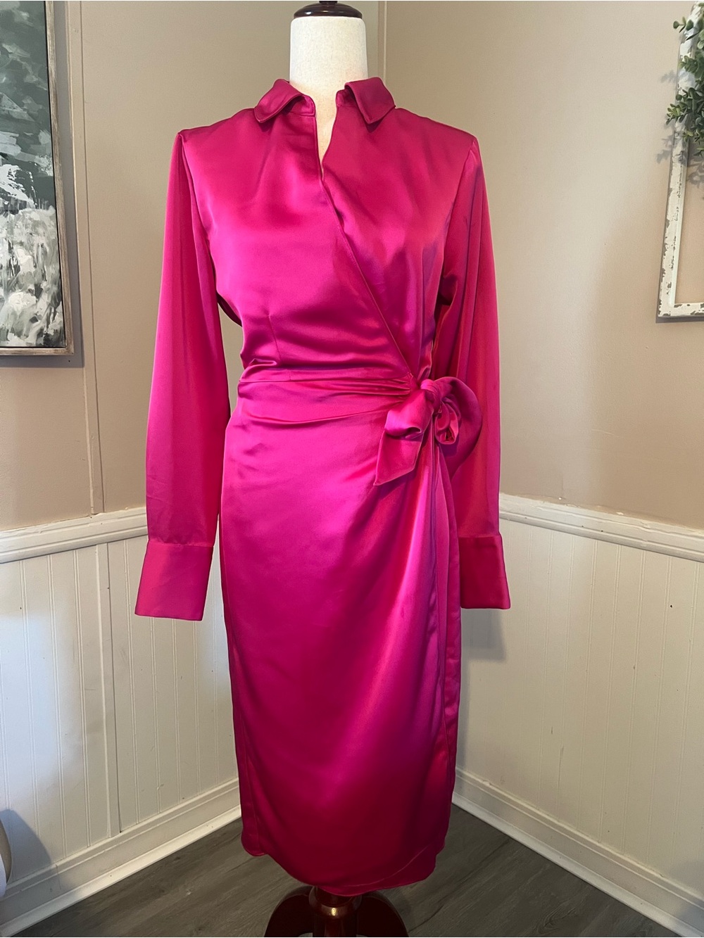 Worthington Fuchsia Satin Wrap Dress with Waist Tie